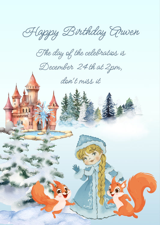 Snowy landscape with forest and castle. A princess waves, with her two cute squirrels. Printable birthday card for girls 6-14.