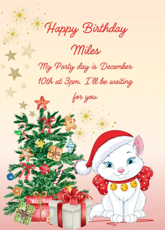 Christmas kitten with red hat and bells near a Christmas tree and gift packages. Printable birthday Christmas card for kids 
1-12.