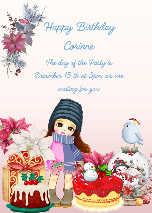 Little girl in winter clothes, christmas cakes, Poinsettias, and party decorations. Printable birthday Christmas card for girls 6-14.