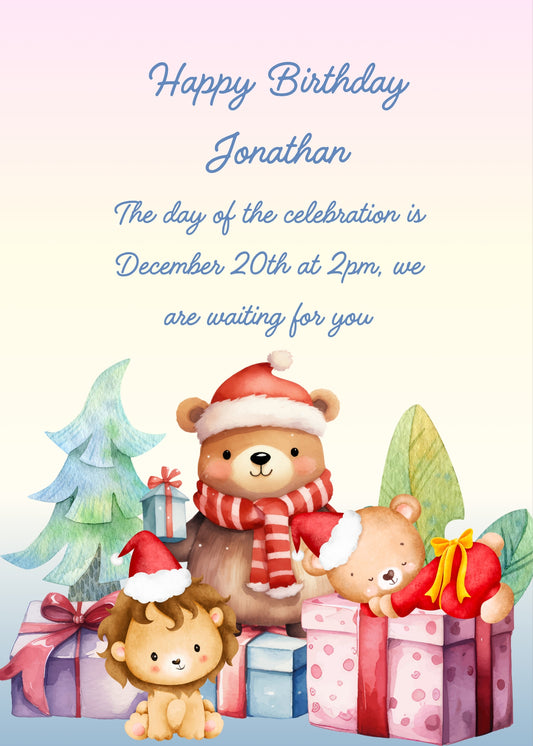 Jungle animals, in winter clothes sitting on Christmas gift boxex. Printable birthday Christmas card for kids 1-9.