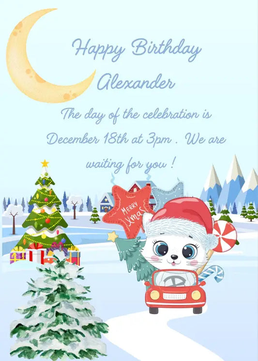 Snowy landscape with kitten Trilly, driving her car for Christmas shopping.  Printable birthday Christmas card for kids 1-9.