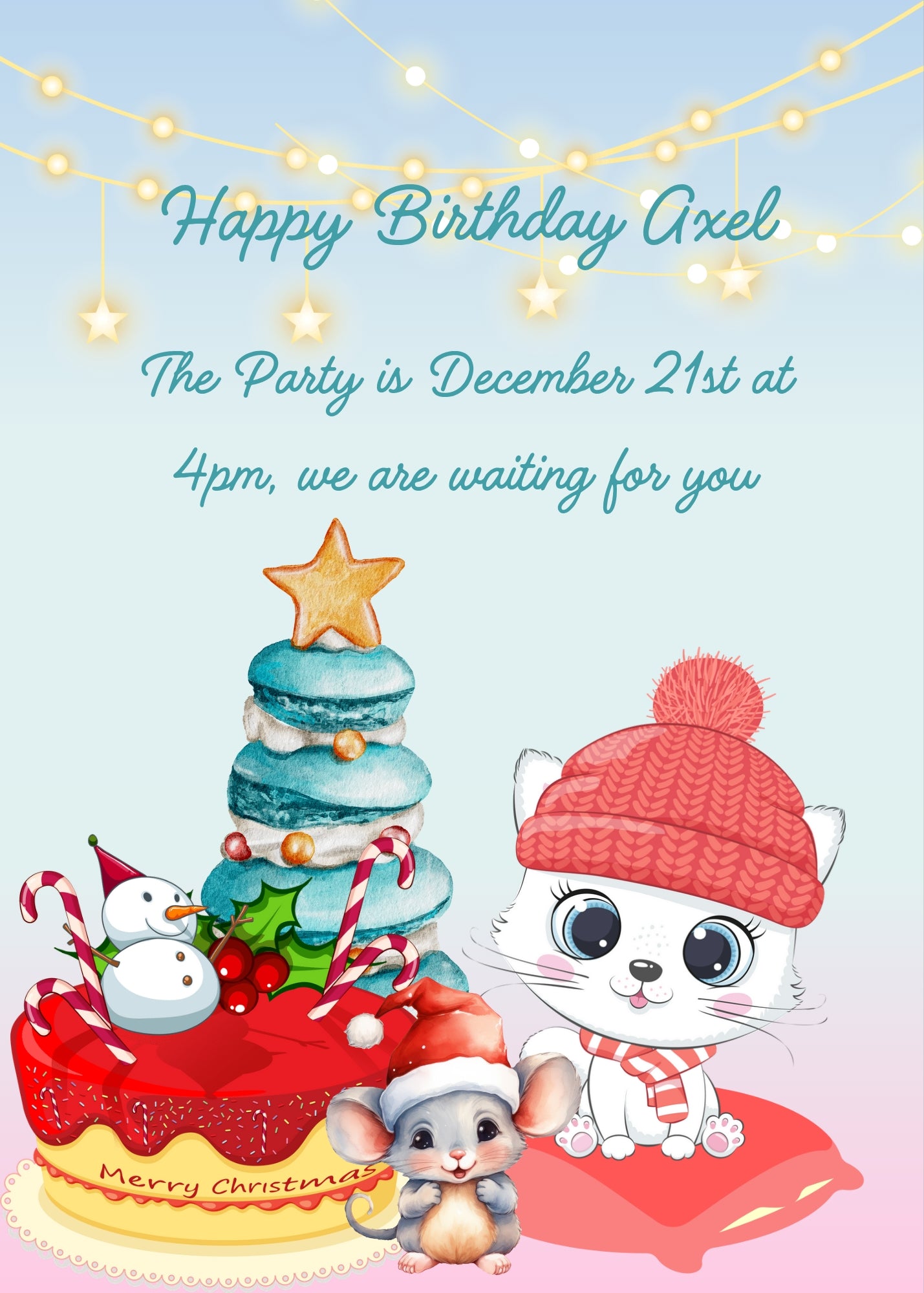 The little cat Trilly with a hat, sitting on a cushion; next to her a cake, a Christmas tree made with biscuits, and a cute little mouse. Printable birthday Christmas card for kids 1-10.
