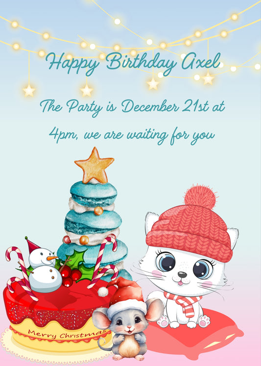 The little cat Trilly with a hat, sitting on a cushion; next to her a cake, a Christmas tree made with biscuits, and a cute little mouse. Printable birthday Christmas card for kids 1-10.
