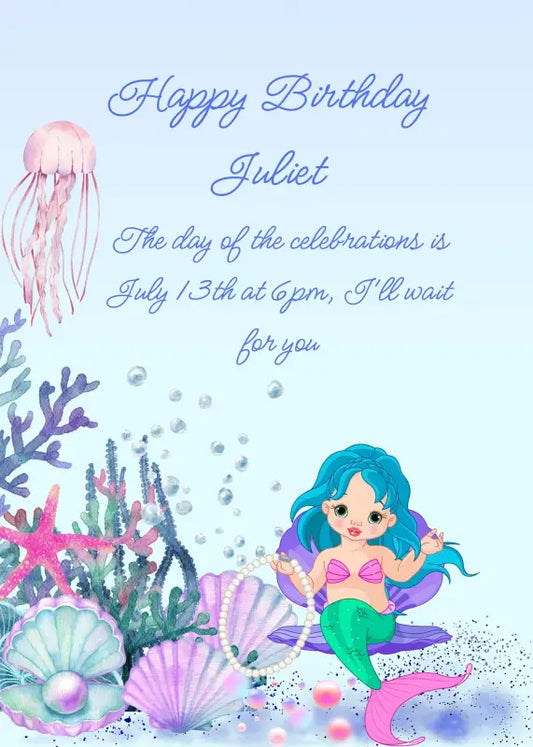 A mermaid with blue hair sits on a shell wearing a pearl necklace. Surrounded by shells, corals, and colorful pearls. Printable birthday card for girls 7-12.