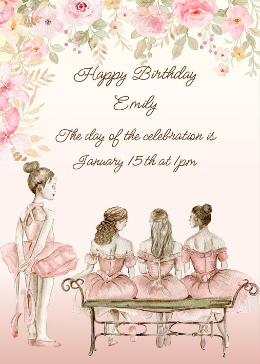 A delicate pink watercolor. Seated dancers, conversing: one is standing. Above is a frame of flowers. Printable birthday card for girls 10-14.