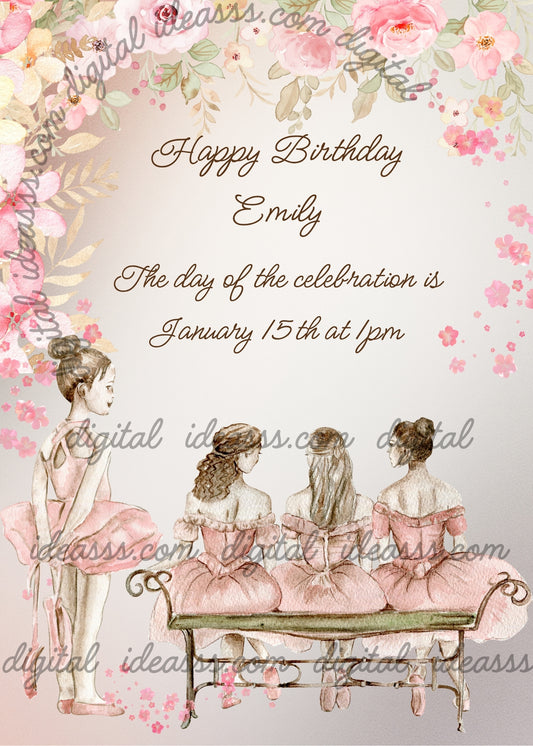 Ballet dancers on break talking to each other. Floral decoration at the top. Printable birthday card for girls 10-14.
