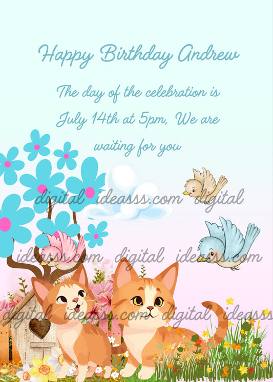 Kittens in the garden curiously watch the birds flying. Printable birthday card for kids 1-12.