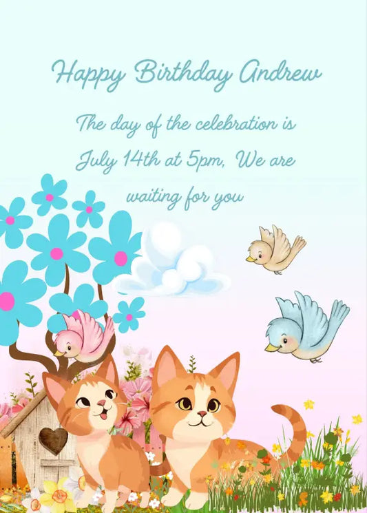 Kittens in the garden cuiously observe the flight of the birds that have a house in their garden. Printable birthday card for kids 1-12.