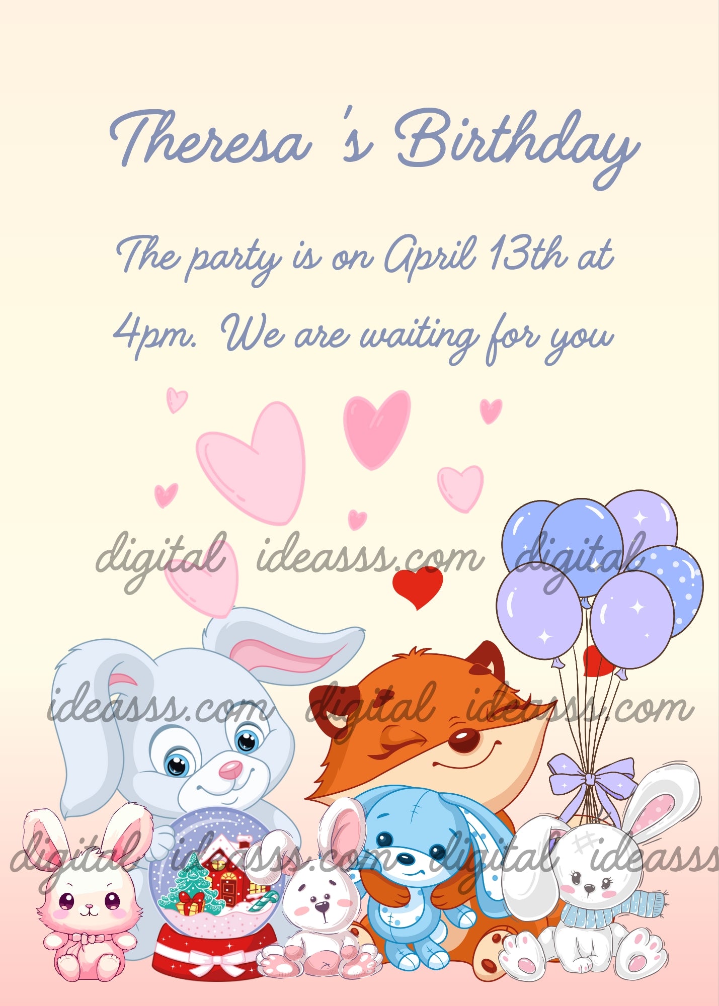 A bunny and a fox among their toy bunnies. Printable birthday card for kids
 1-7.