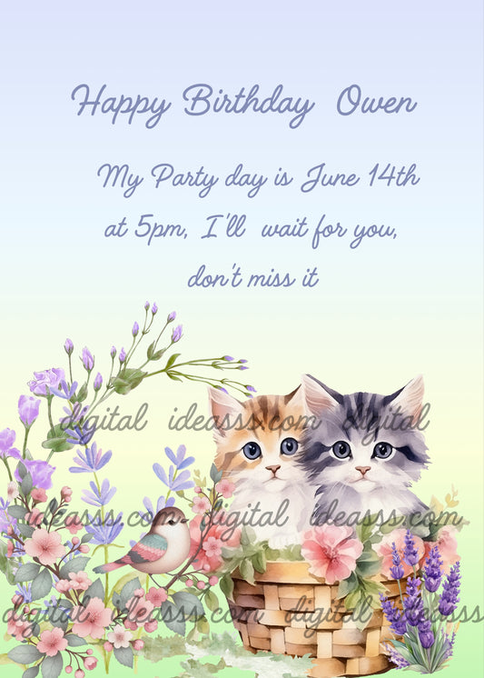 Two cute kittens in the garden in a basket. Spring flowers, and a bird. Printable birthday card for kids 6-14.