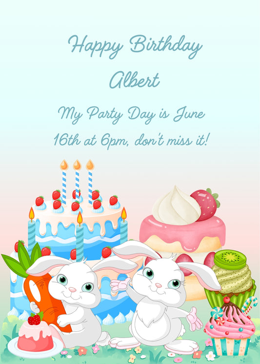 Two delicious little bunnies celebrate with cake, carrots and cupcakes. Printable birthday card for children 1-10.