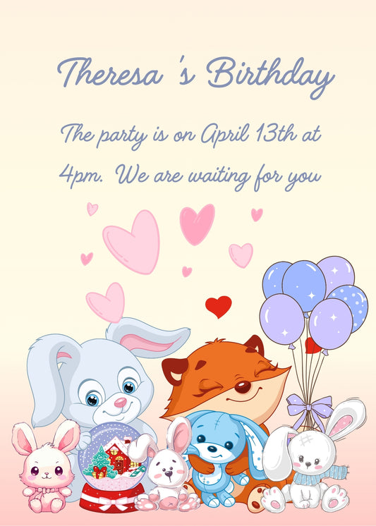 A bunny and a fox, with their toys, stuffed bunnies and balloons. Background with small hearths. Printable birthday card for kids 1-7.