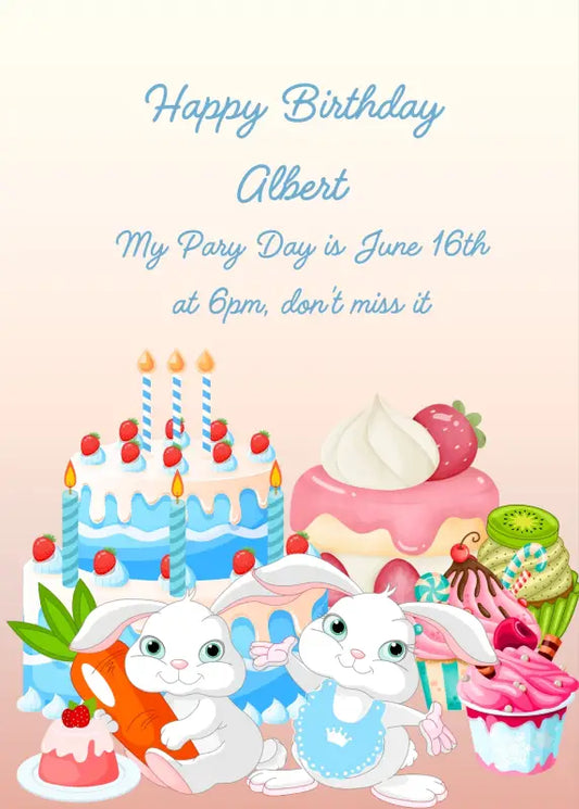 Two funny bunnies among cakes and ice creams; one of them is holding a carrot, the other one has a cute blue bib. Printable birthday card for kids 1-10.
