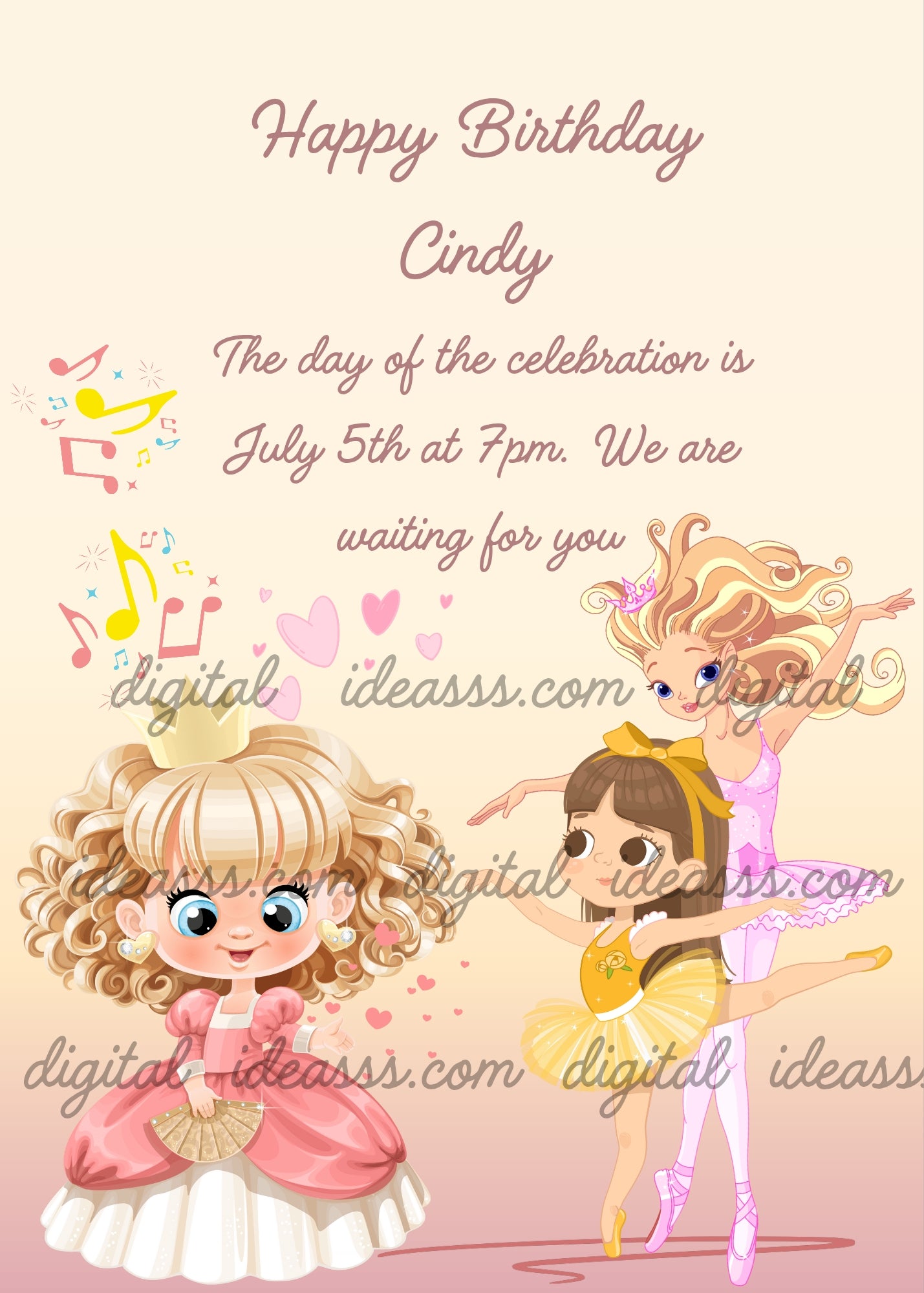 Two little girls improvise a dance for an extravagant princess. Printable birthday card for girls 6-13. 