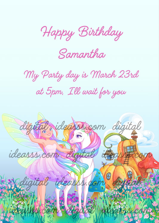 Fairy dances on a flowery meadow next to a unicorn. In the background unusual fairy houses. Printable birthday card for girls 
6-12. 