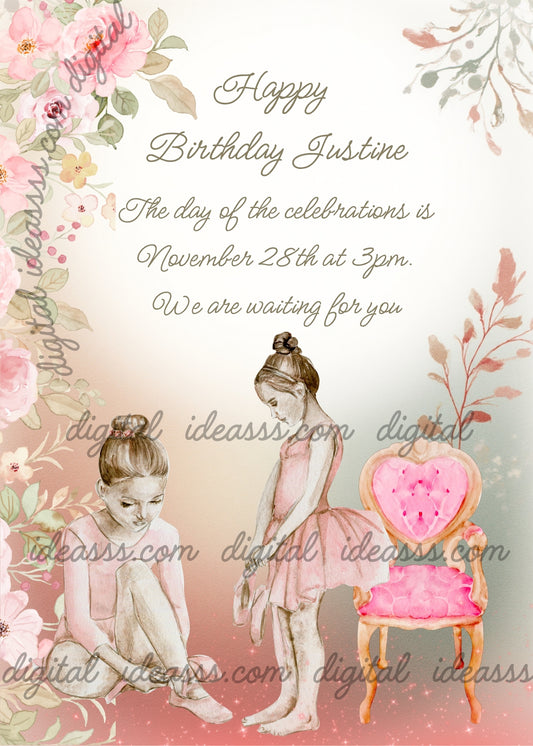 Ballet dancers: one is sitting on the floor tying her shoes, the other is standing. Floral decoration on the left side. Printable birthday card for girls 10-14.