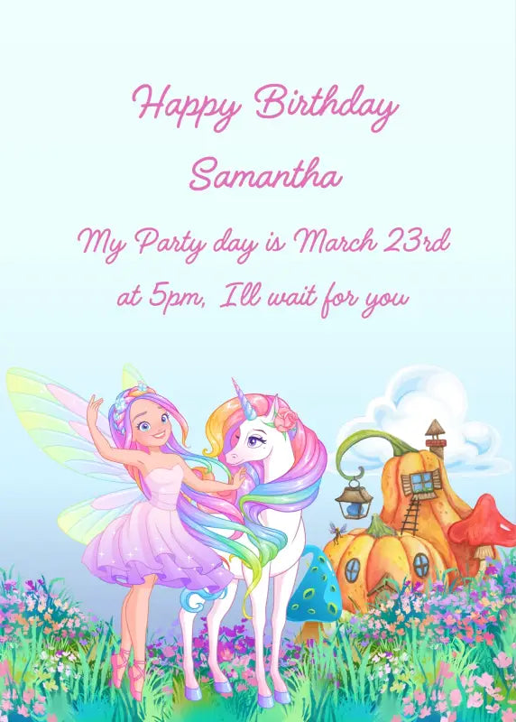 Fairy dances on a flowery meadow next to a unicorn. In the background unusual fairy houses. Printable birthday card for girls 
6-12.