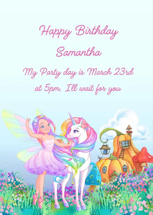Fairy dances on a flowery meadow next to a unicorn. In the background unusual fairy houses. Printable birthday card for girls 
6-12.