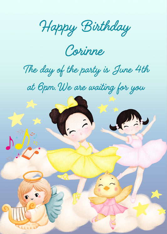 Two ballerinas dance on the clouds together with a canary, while a little angel plays the lyre. Printable birthday card for girls 1-9.