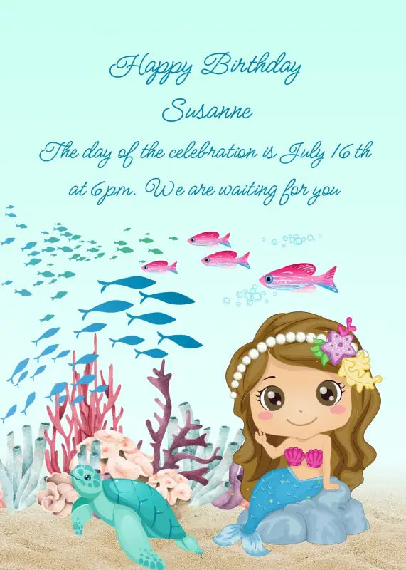 Litte mermaid sitting on a rock on the seabed, with fish swimming in a group. Printable birthday card for girls 5-12.