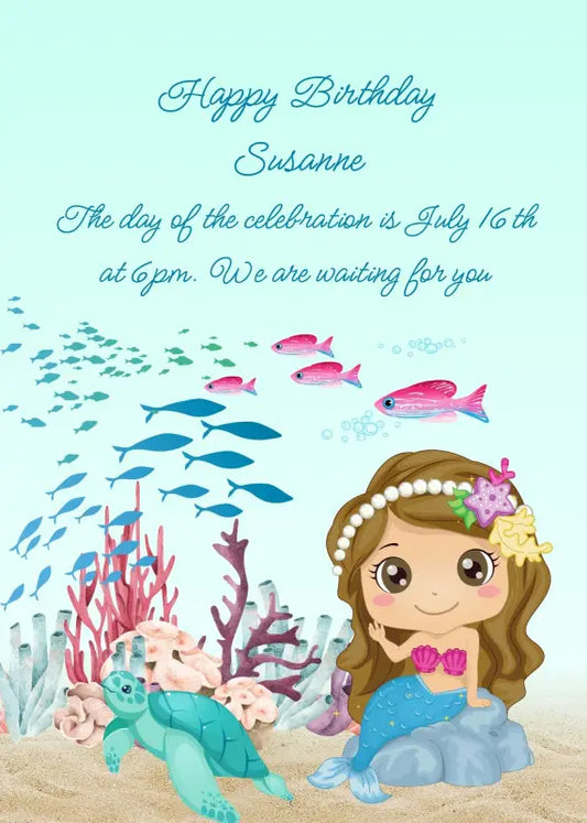 Litte mermaid sitting on a rock on the seabed, with fish swimming in a group. Printable birthday card for girls 5-12.