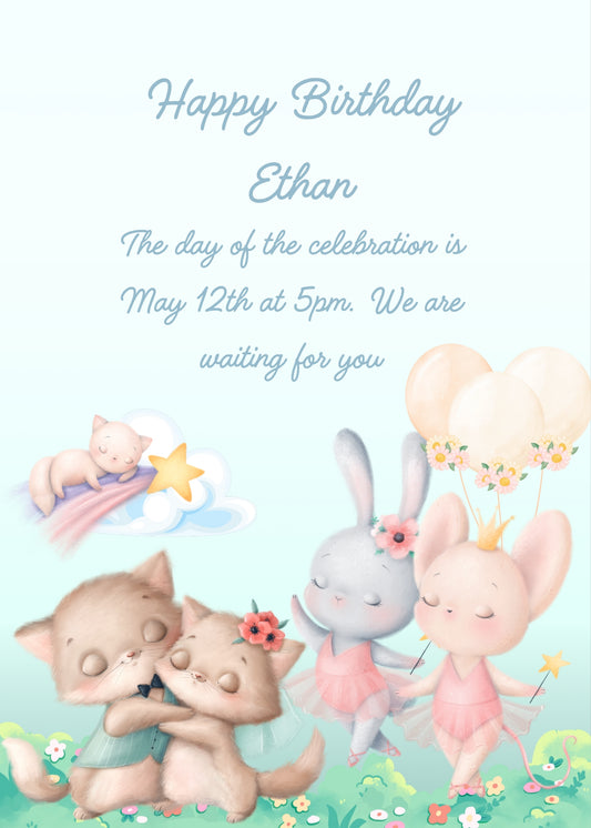 A flowery meadow, two kittens, a bunny and a little mouse are dancing. Printable birthday card for kids 1-8.