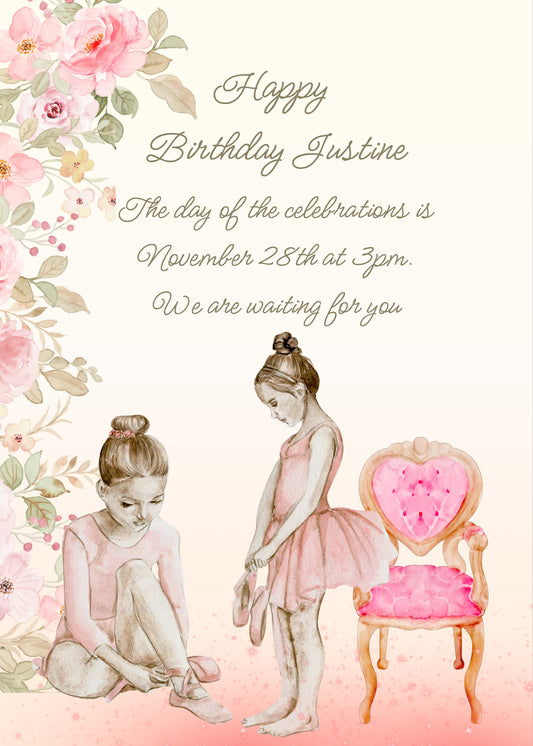 A delicate watercolor of flowers and ballerinas. One is sitting on the floor tying her shoes, the other is standing. Printable birthday card for grls 10-14.