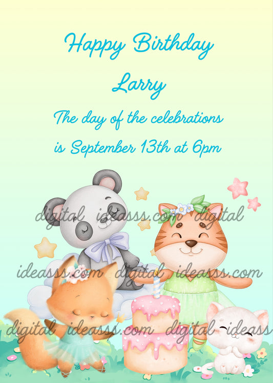 A kitten and a fox, dance in a meadow for their panda friend's birthday. Printable birthday card for kids 1-9.