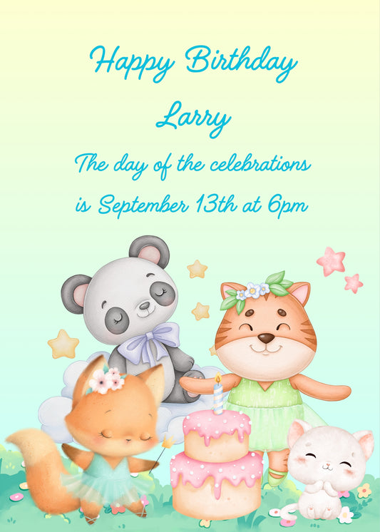 A flowery meadow, with a cake, and two dancing kittens for their panda friend's birthday. Printable birthday card for kids 
1-9.