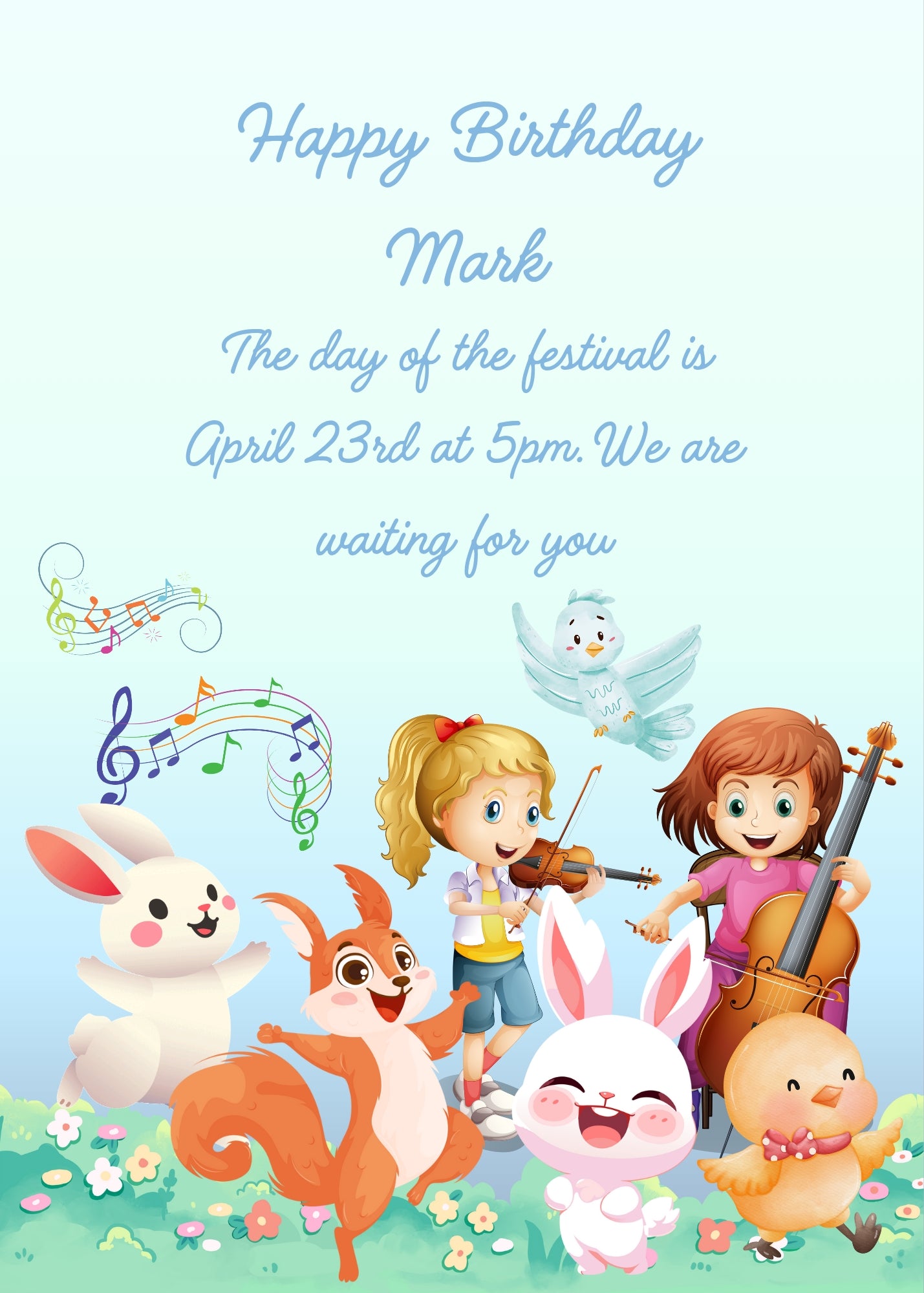 Two children make music in the meadow, and the animals start dancing. Printable birthday card for kids 3-10.