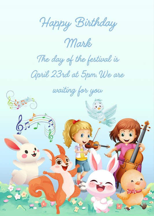 Two children make music in the meadow, and the animals start dancing. Printable birthday card for kids 3-10.