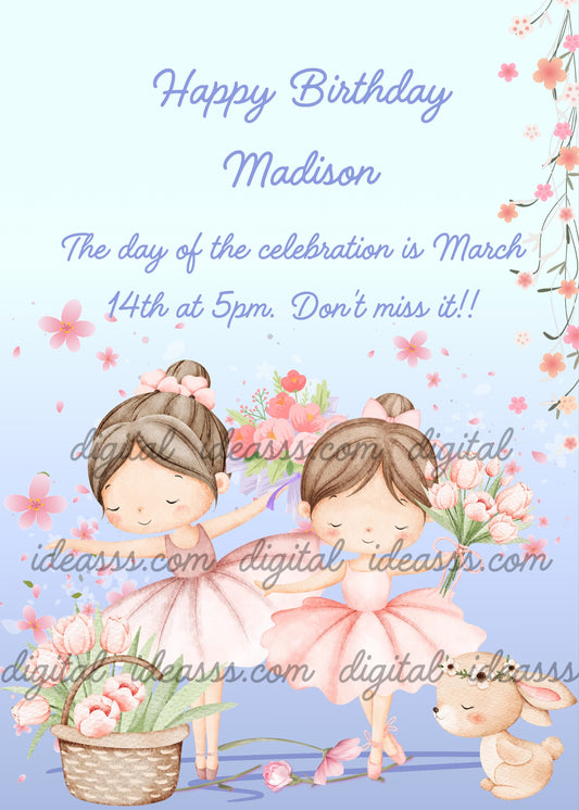 Two little ballerinas in pink tutus dancing among pink tulips and cherry blossoms with a flower basket and a little bunny with a flower crown on a soft blue background — birthday card for girls 3-10