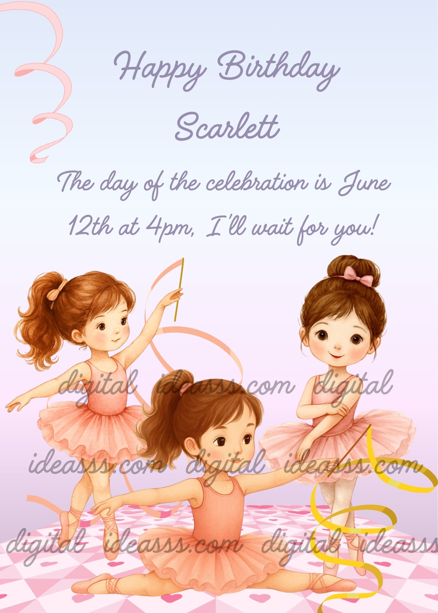 Three little ballerinas in soft pink and peach tutus dancing with ribbons on a playing card heart pattern floor on a delicate lilac background — birthday card for girls 3-10