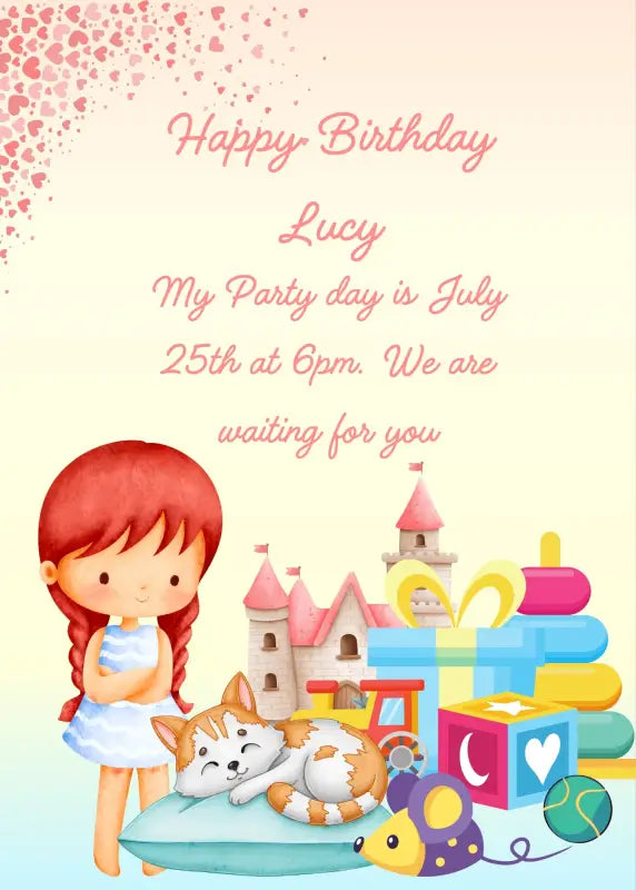 Little girls asks her kitten who is sleeping among the toys, to play with her. Printable birthday card for girls 4-12.