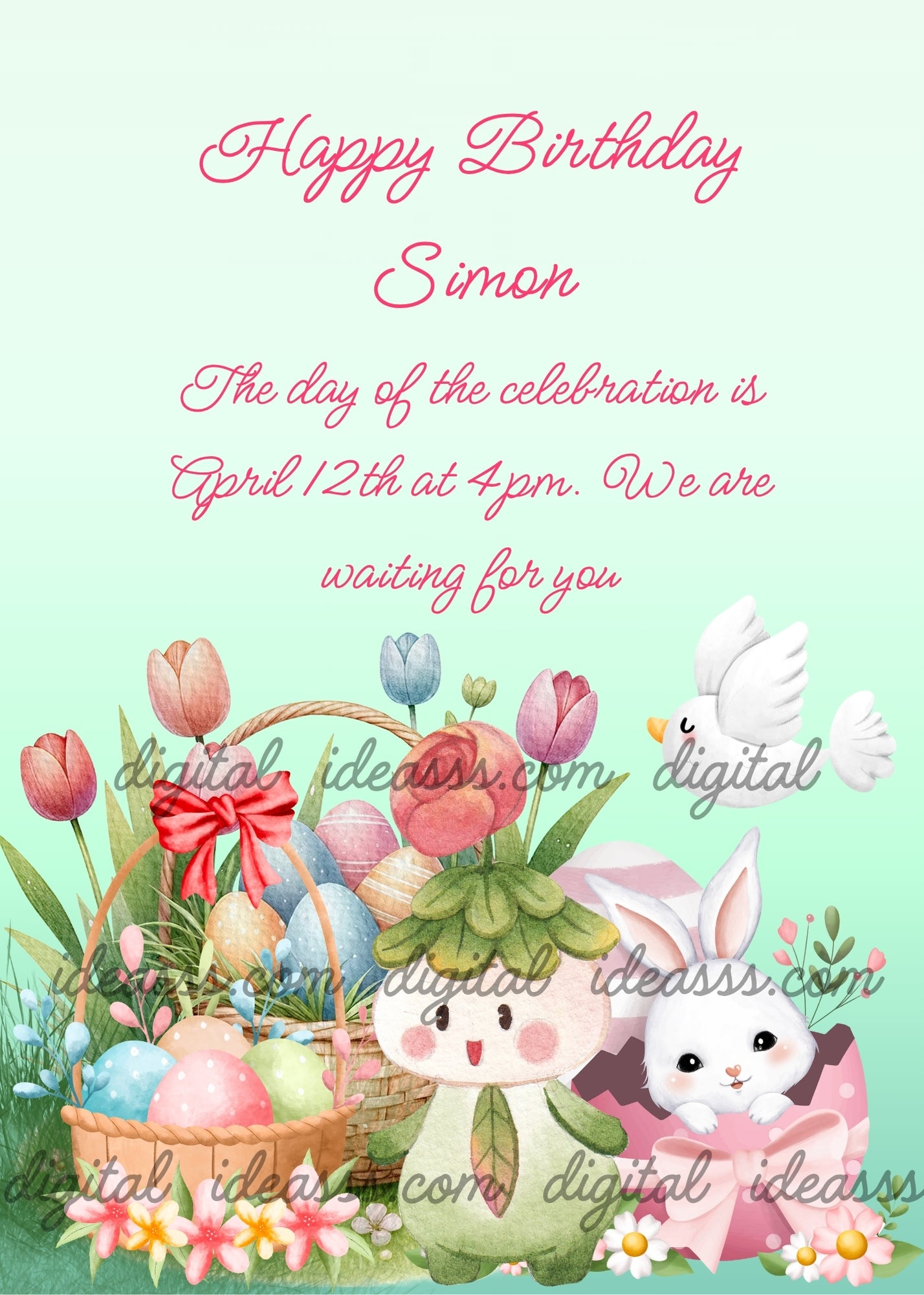 A funny flower with eyes nose and mouth is happy to see the two baskets with  colored eggs and tulips. Next to them a smiling bunny, and an indifferent dove passes ovder them. Printable birthday Easter card for children 8-14.