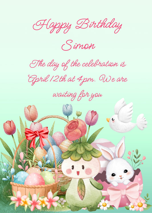 A funny flower with eyes nose and mouth is happy to see the two baskets with  colored eggs and tulips. Next to them a smiling bunny, and an indifferent dove passes ovder them. Printable birthday Easter card for children 8-14.