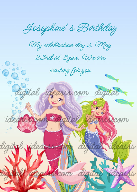 Two cute mermaids, with colored hair, pearls, and a bag made with two shells. Printable birthday  card for girls 9-14. 