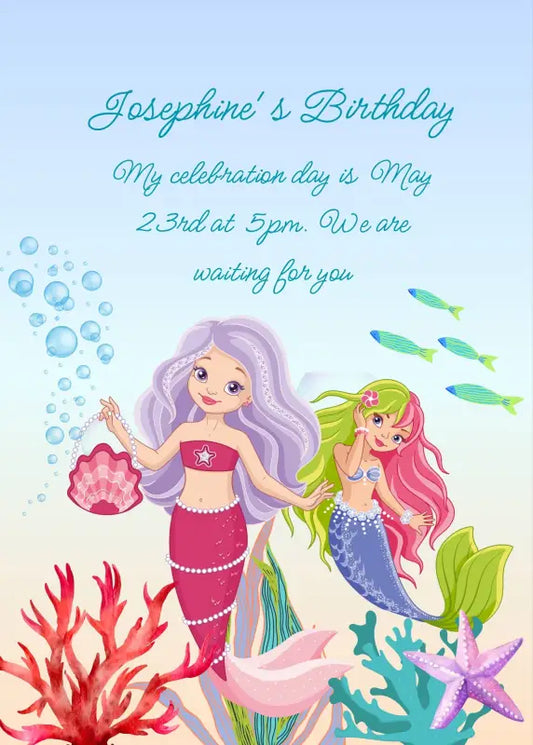 Two cute mermaids, with colored hair, pearls, and a bag made with two shells. Printable birthday  card for girls 9-14.