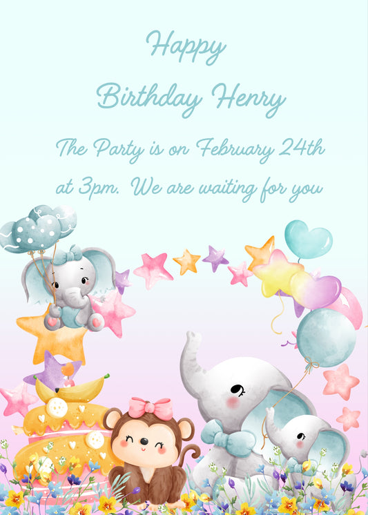 Three baby elephants and a little monkey with banana cake celebrate the littlest elephant's birthday. Printable birthday card for kids 1-7.