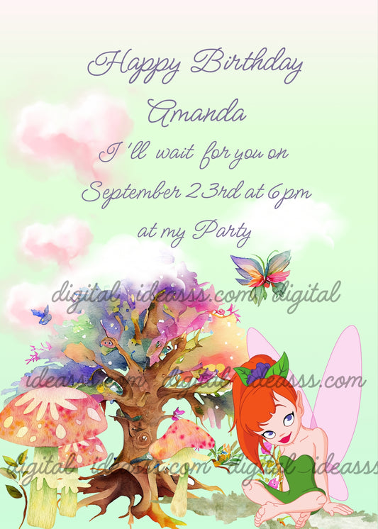 Fairy sitting in a meadow, near an  enchanted tree. Printable birthday card for girls 9-14.