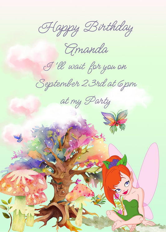 Fairy tree with fairy sitting in the meadow, and pink clouds. Printable birthday card for girls 9-14.