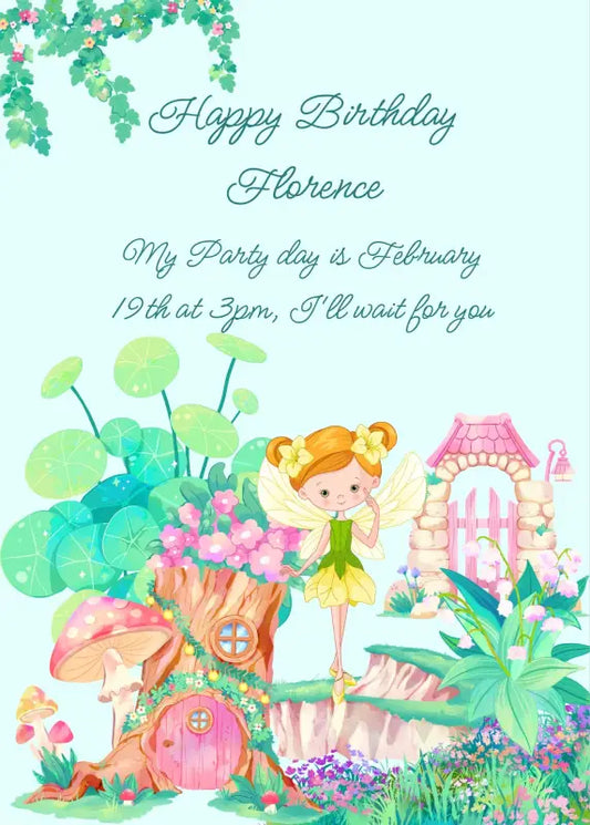 A fairy who looks like a flower, in an enchanted forest with plants and flowers of a thousand colors. Printable birthday card for girls 8-14.