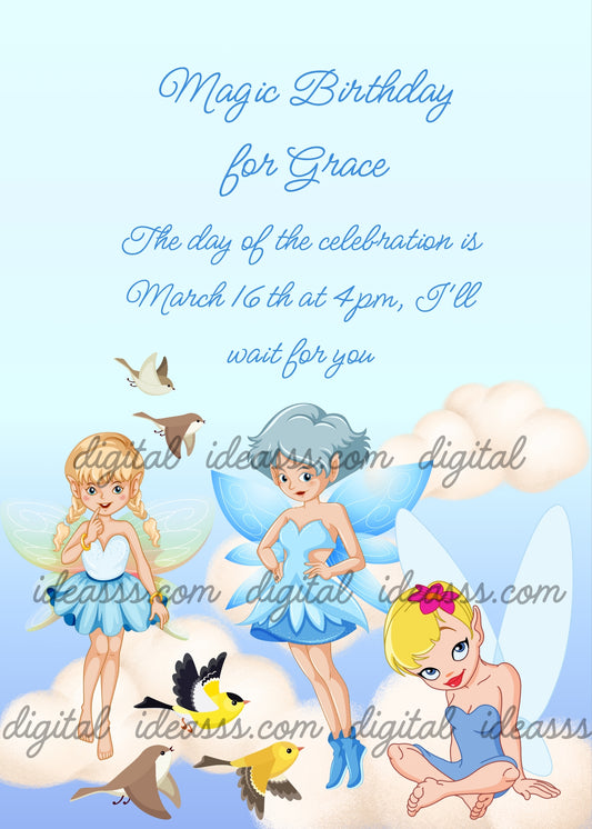 Teenage fairies in the clouds, together with little birds in flight. Printable birthday card for girls 8-14.