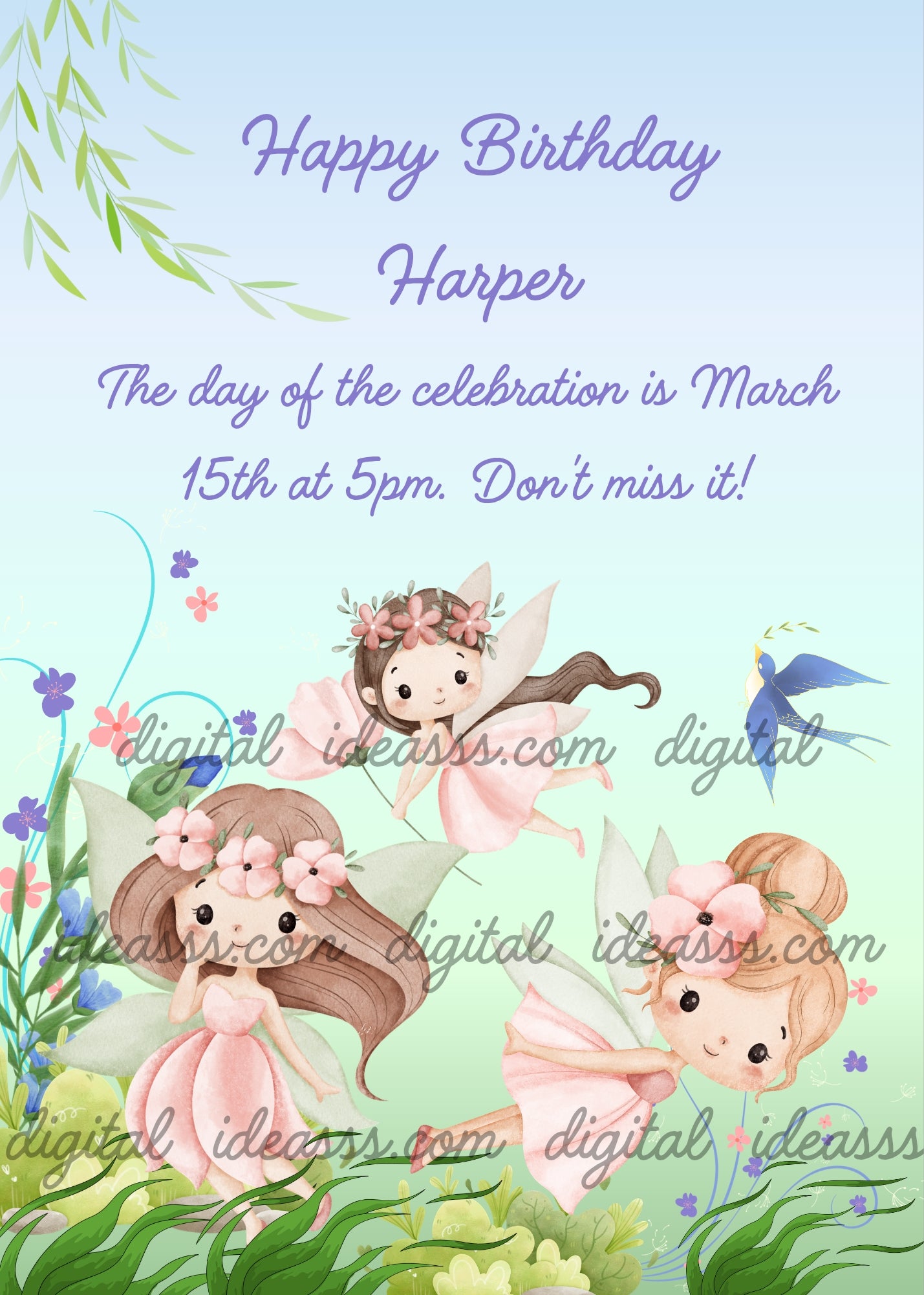 Three pretty fairies fly over a meadow, with flowers challenging. Printable birthday card for girls 4-12.