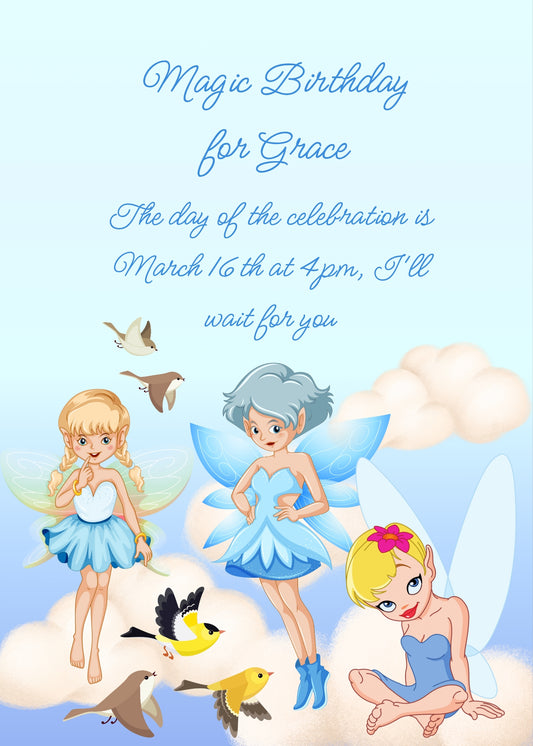 Teenage fairies in the clouds, together with little birds in flight. Printable birthday card for girls 8-14.