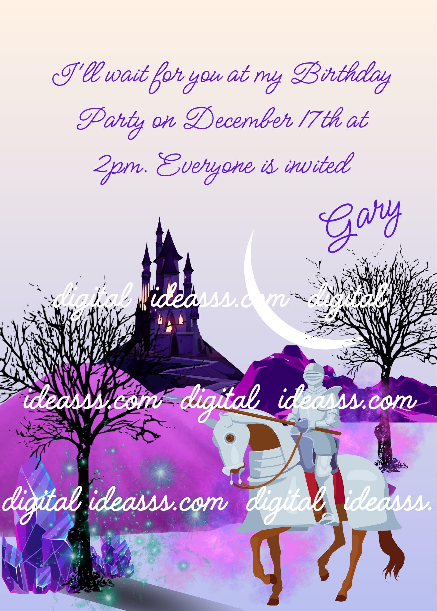 A purple sunset with a crescent moon. A castle in the background, a knight on horseback, and a tree full of shining crystals. Printable birthday card for boys
10-14.