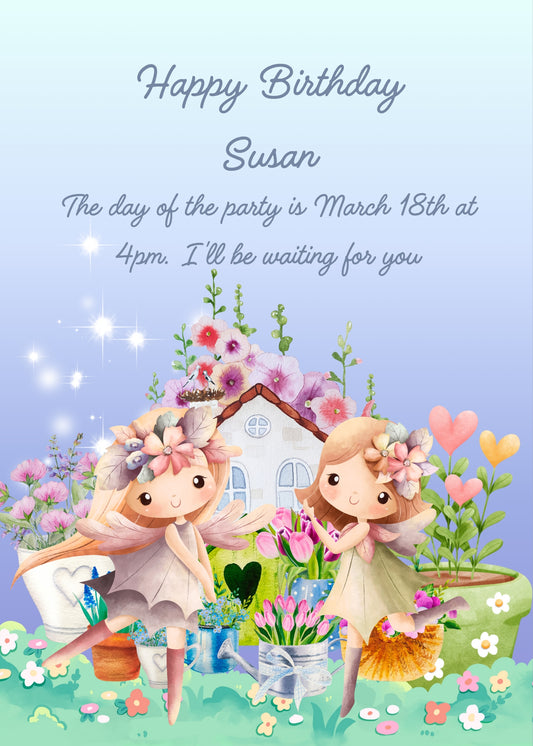 A little house surrounded by flowers and a garden, with two fairies running. Printable birthday card for girls 5-12.