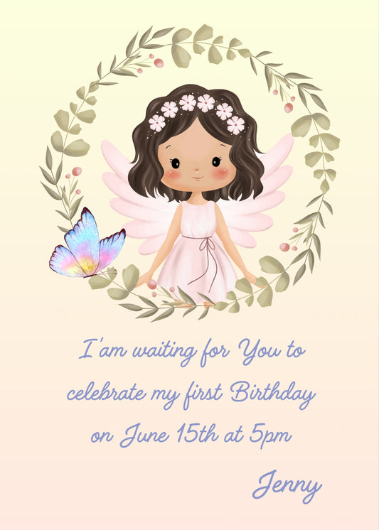 Delicate fairy with flowers in her hair and a frame of leaves and butterfly.  Printable birthday card for girls 1-9.