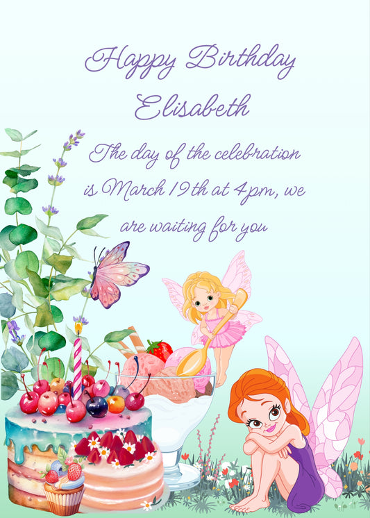 A flowery meadow with cakes and two faries, one sitting, and the other is making ice cream. Printable birthday card for 
girls 6-14.