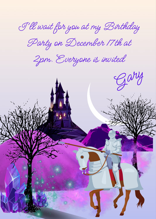 Purple color for a moonlit sunset. A castle on a hill. A knight on a horse in front of a magical tree with crystals. Printable birthday card for boys 10-14.